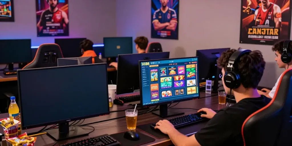 Intense player engaging with gaming setup showcasing XX88 online betting platform in a vibrant gaming atmosphere.