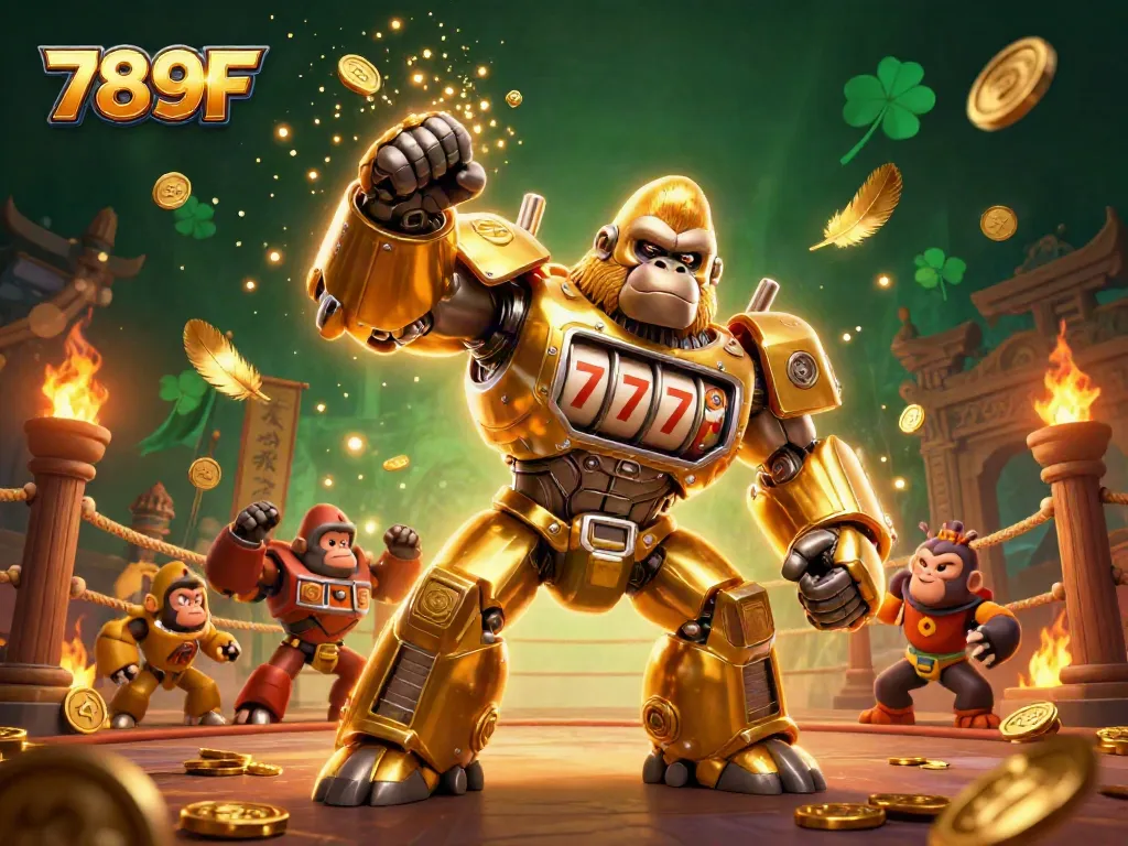 Experience thrilling gameplay with 789F as a golden gorilla mech bursts with exciting casino elements.