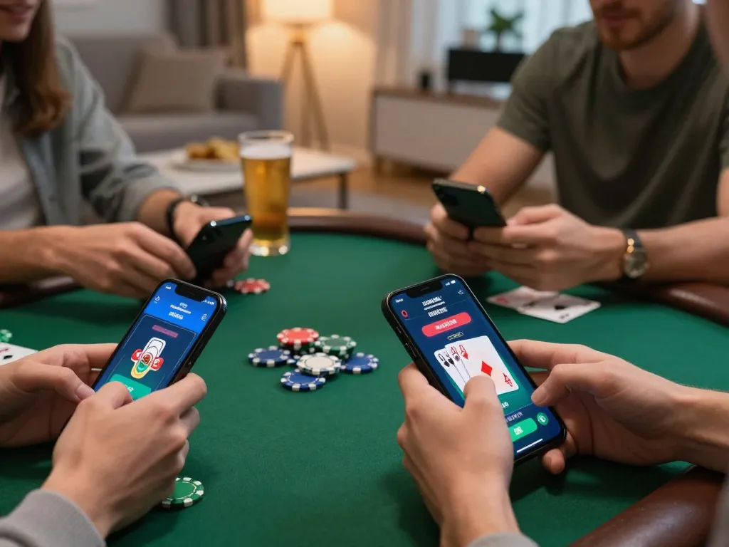 Players engaging in online poker gaming on smartphones showcasing o8 app interface.