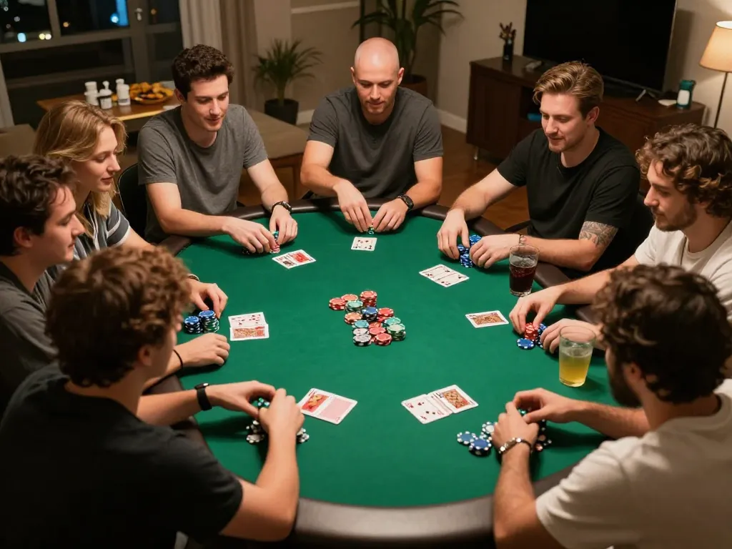 cm88 home poker night scene with friends enjoying gameplay around a green felt table