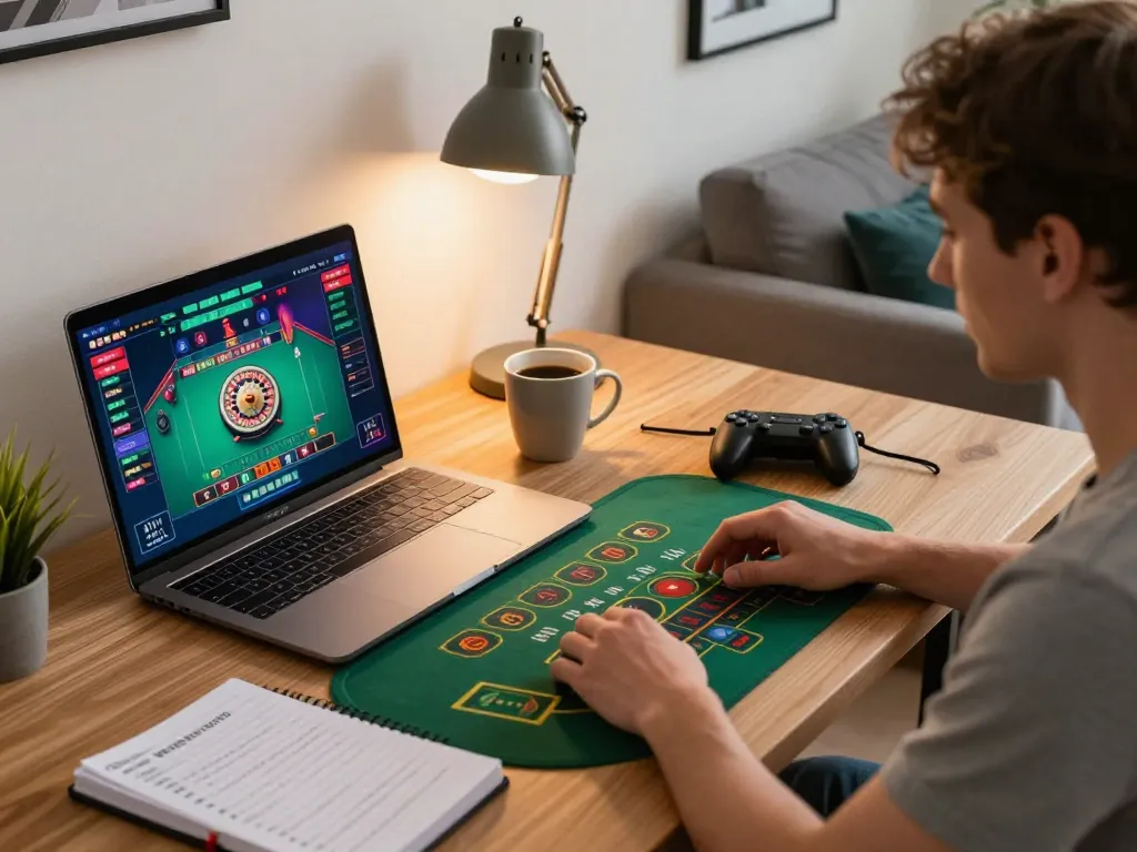 Player engaging with online casino at home, engholmnds prepared for strategic betting.