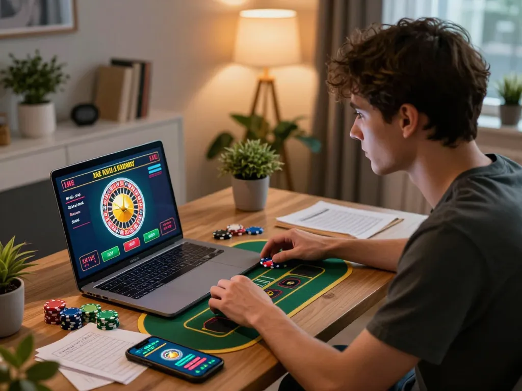 Player engaging in live roulette on cm88 from home desk with chips and notes around.