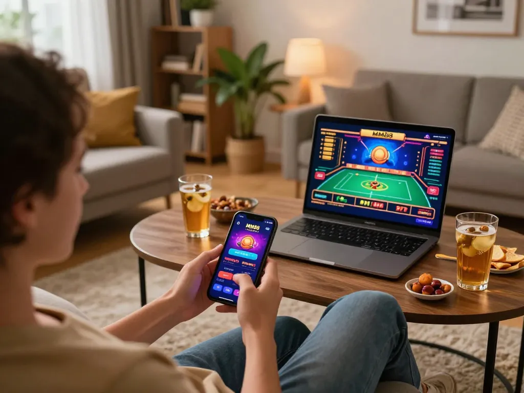 Player using MM88 app on smartphone in cozy home setting, showcasing mobile gambling