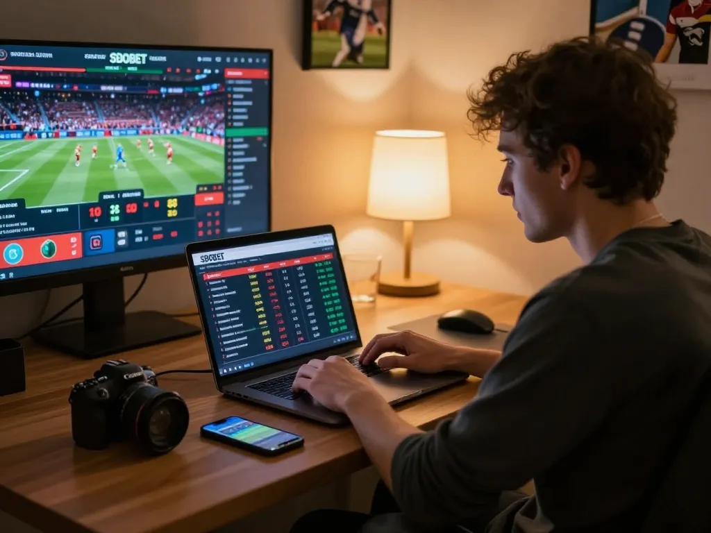 SBOBET user engaged in live sports betting with laptop showing odds and bets.