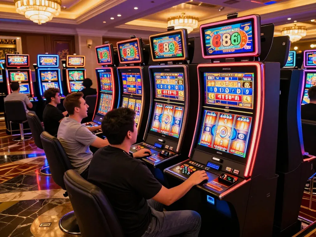 Players engaging with Slot88 machines, capturing the excitement of casino slot gameplay.