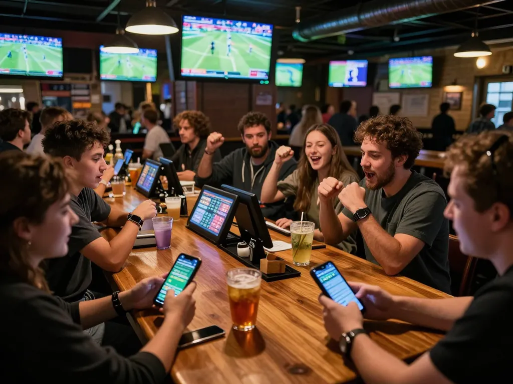 View patrons engaging with debet app during live sports betting event in a lively sports bar.