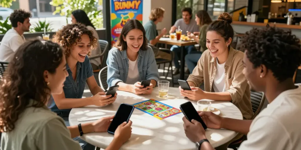 Friends enjoying a game of rumble rummy on mobile phones at a café.
