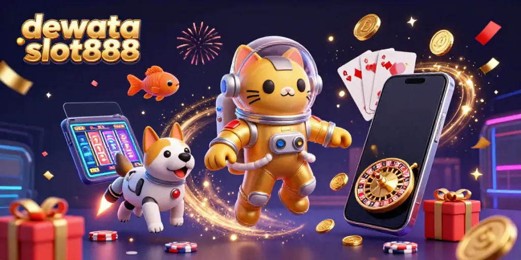 Permainan slot di Dewata Slot888 dengan ikon kucing astronaut menarik dan anjing robot.