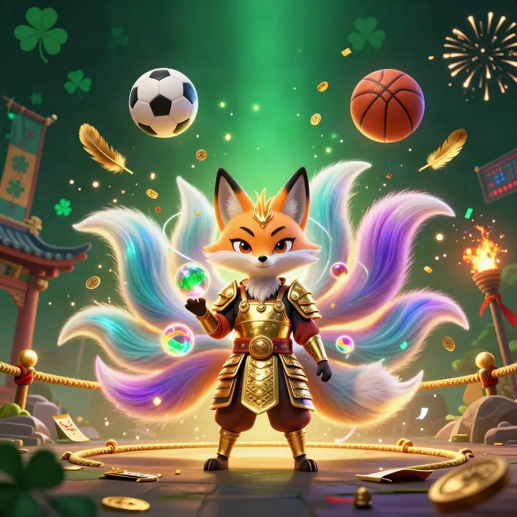 Fox spirit and gold-armored mouse amid soccer ball, basketball, coins, fireworks, and casino glow.