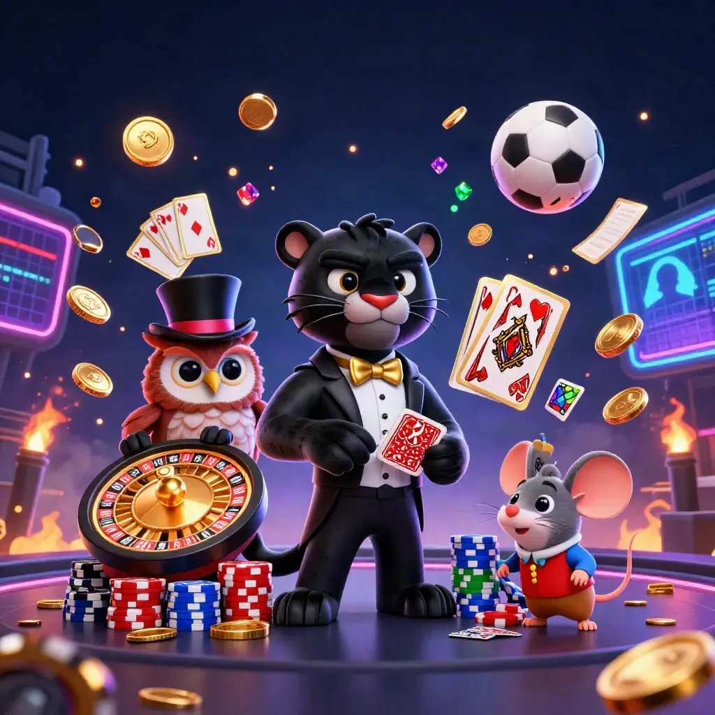Panther, owl, and mouse amid casino chips, coins, balls, and neon sports lighting.