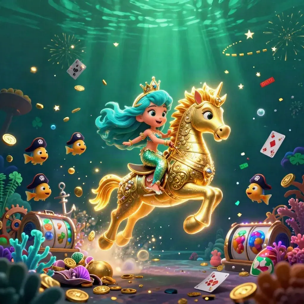 Mermaid princess rides an armored seahorse in a glowing treasure cove with fish pirates and casino sparkles