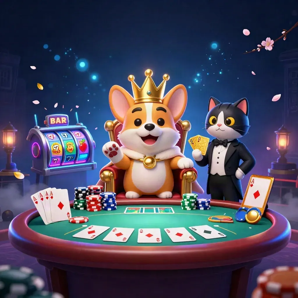 Crowned corgi king and cat butler amid glowing casino chips, cards, reels, and magical light.
