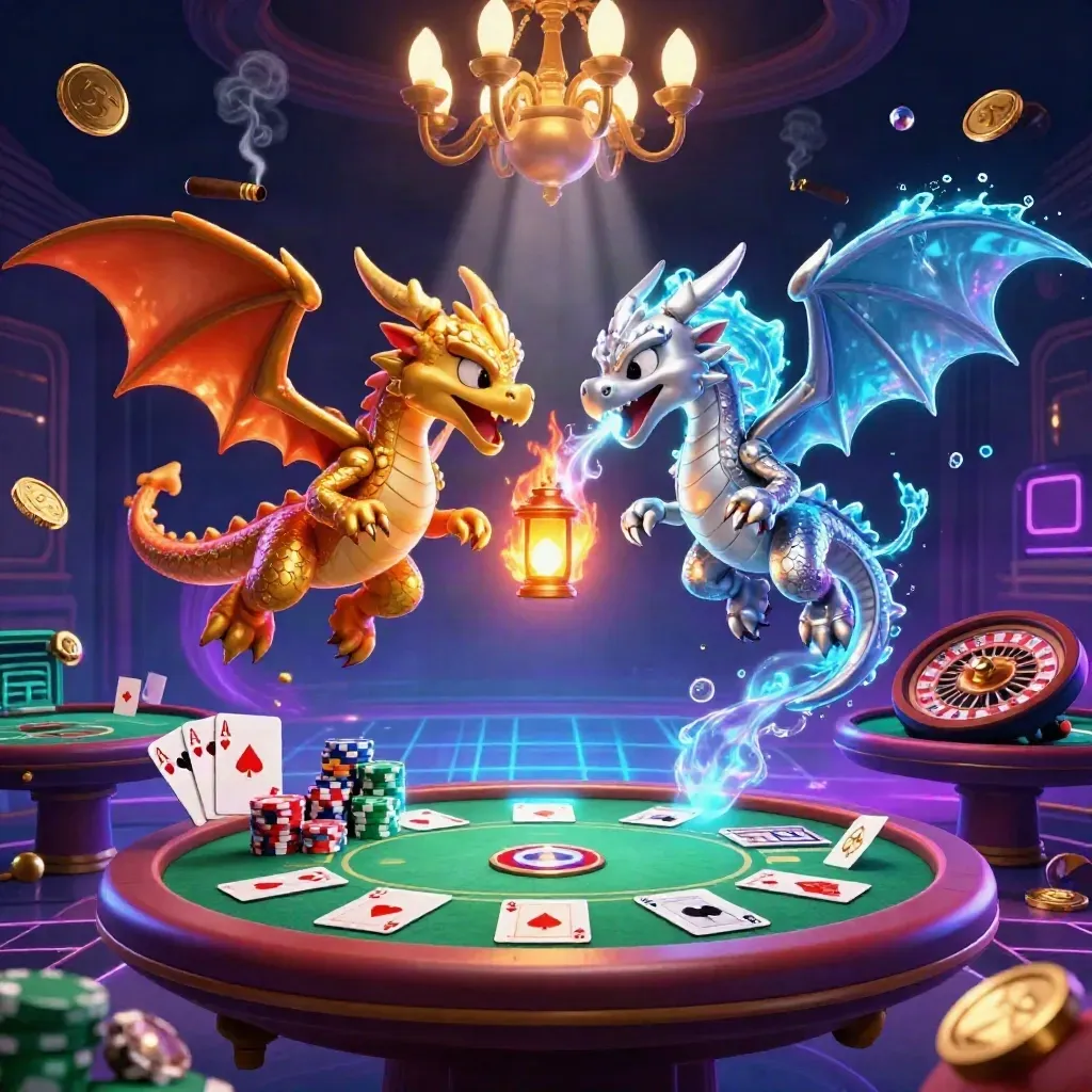 Two cartoon dragons in gold and silver swirl around casino props in a neon luxury room