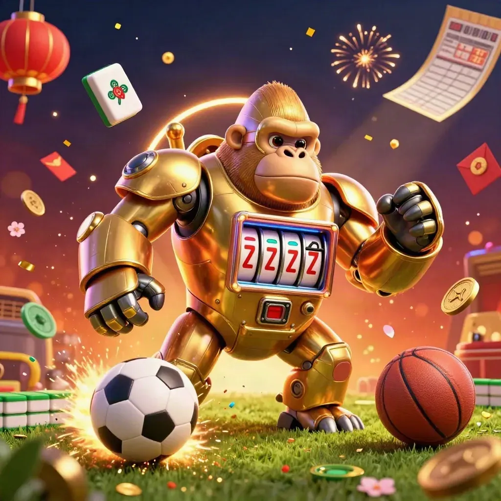 Golden gorilla mech launches a soccer ball amid lucky casino props and ember glow.