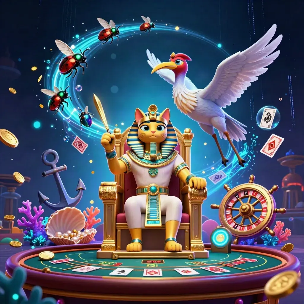 Pharaoh cat, ibis scribe, and gem-wing scarabs in a neon casino treasure cove.