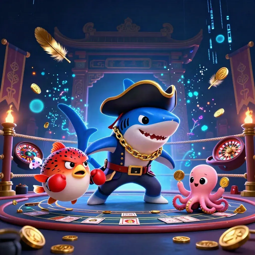 Pirate shark, boxing pufferfish, and coin-juggling octopus in a neon casino-fight scene.