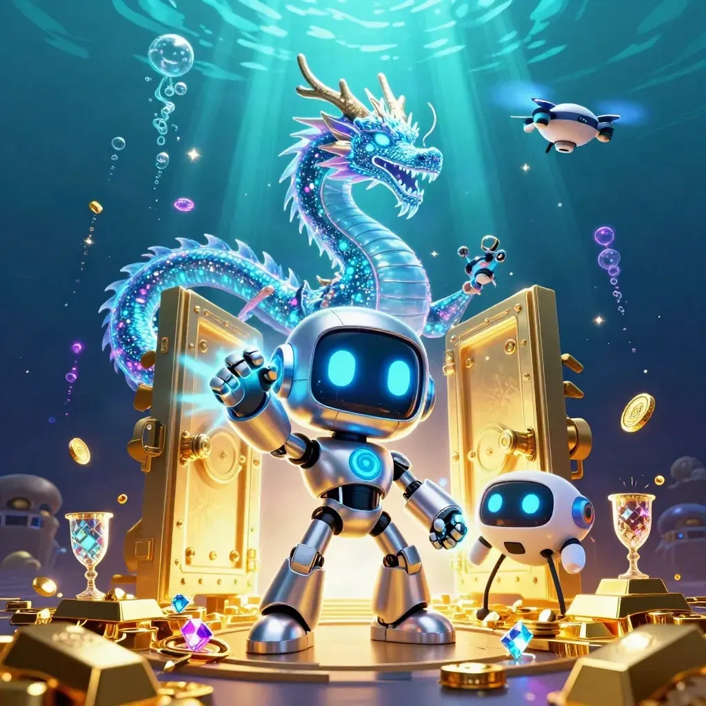 Cyberpunk robot, holographic dragon, and drone burst from a glowing treasure vault underwater.