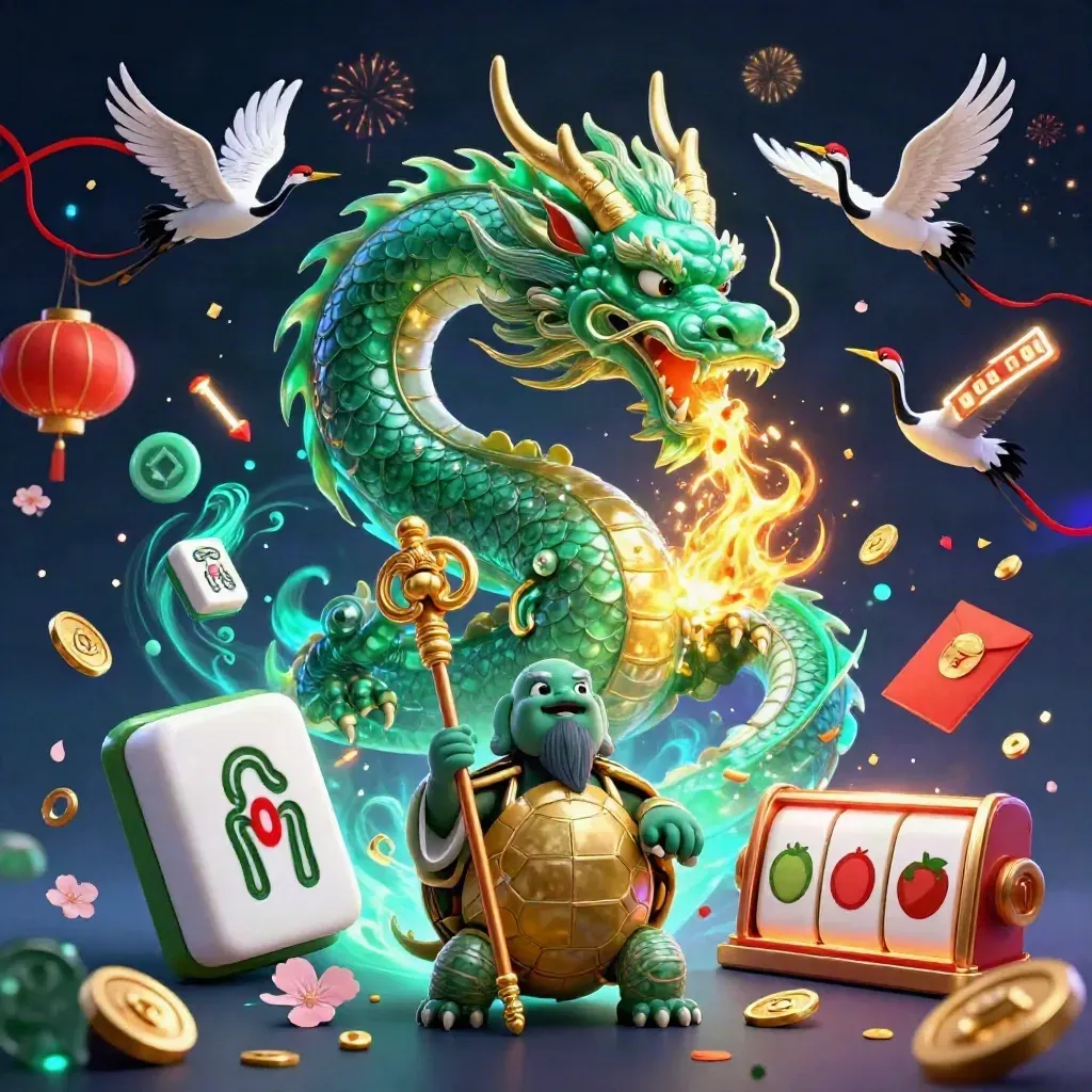 Emerald dragon, turtle sage, and cranes amid casino charms and fireworks on a dark navy glow.