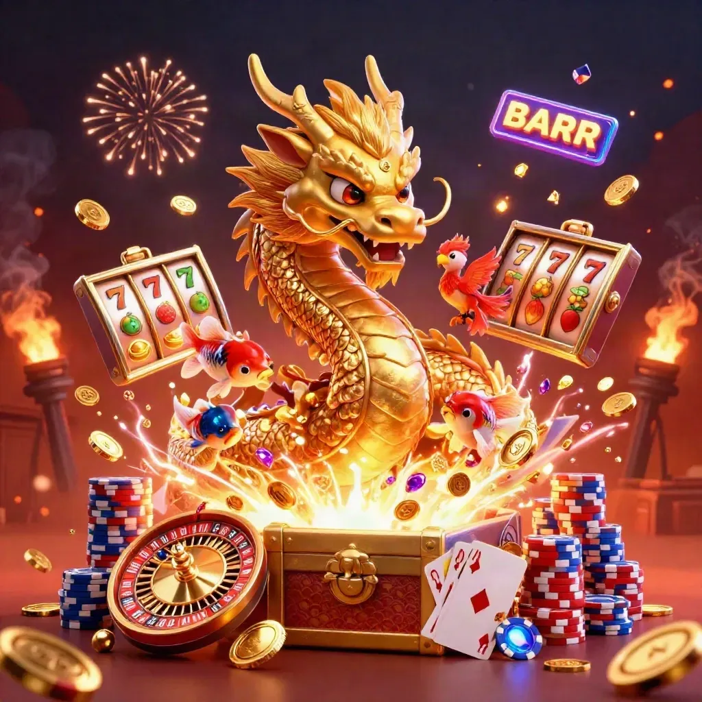 Golden dragon, phoenix, koi, coins, roulette wheel, chips and fireworks bursting in a casino promo scene