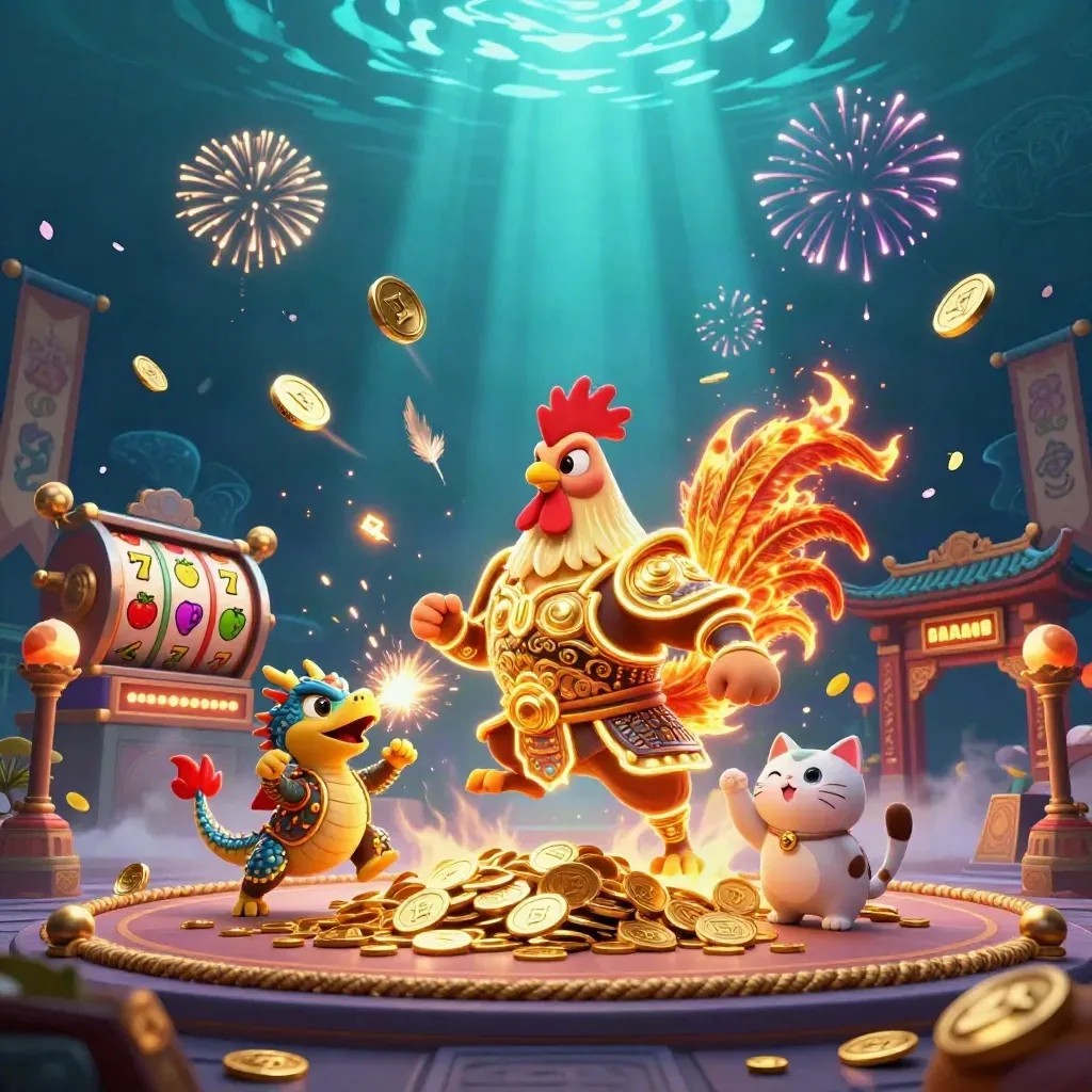 Rooster warrior, dragon hatchling and fortune-cat burst through coins, fireworks and slot symbols.