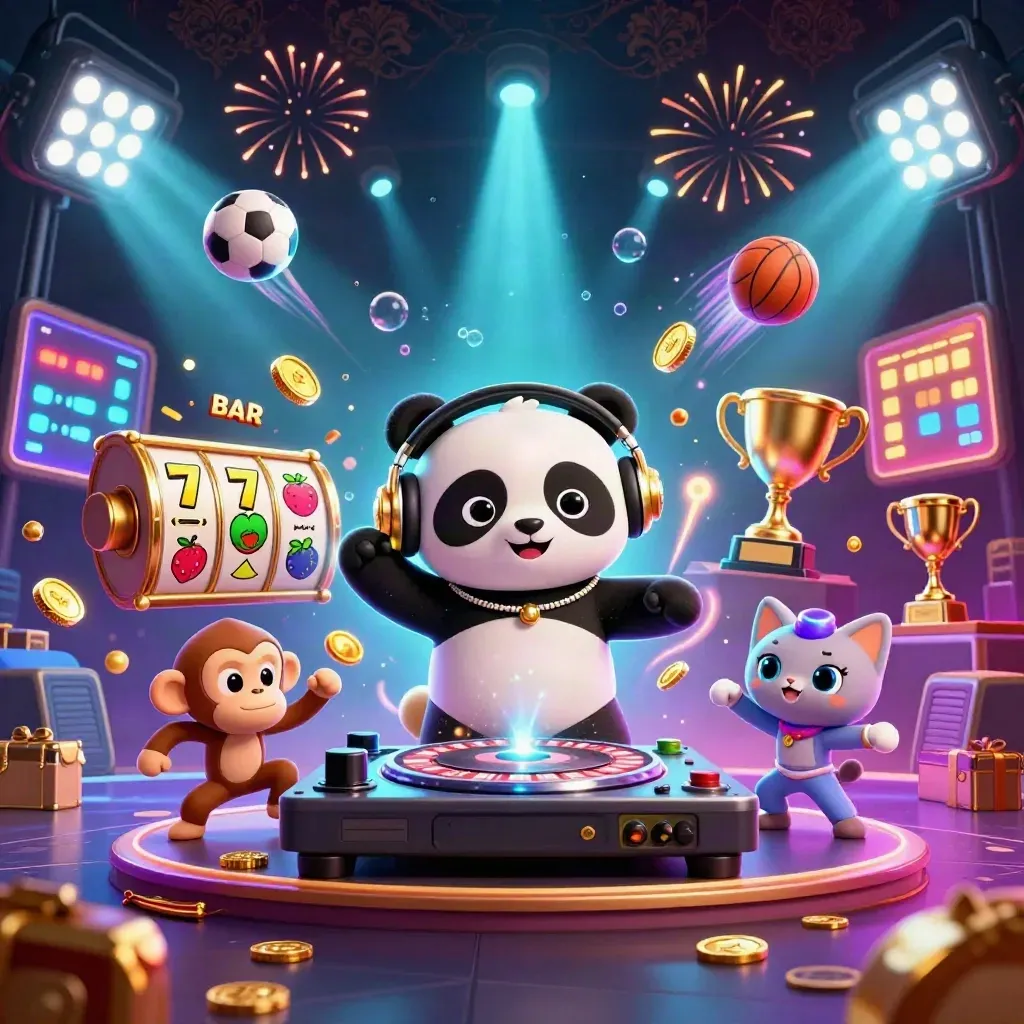 DJ panda, monkey, and glow-stick kitten amid coins, reels, trophy, sports balls, and fireworks.