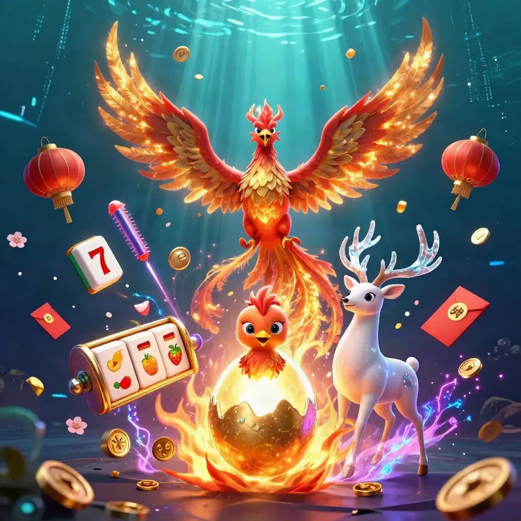 Phoenix trio rising through casino gold coins, lanterns, jade tiles and neon energy