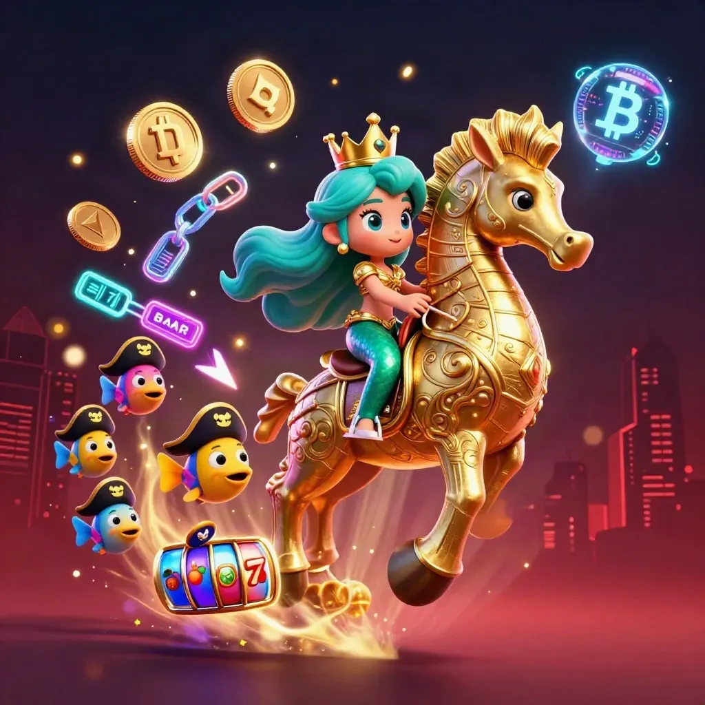 Mermaid princess rides armored seahorse with pirate fish, coins, lightning, slot reels, and glowing skyline.