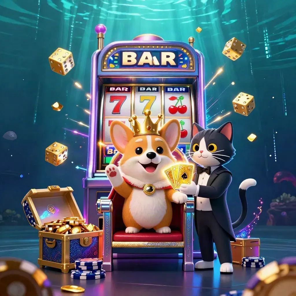 Royal corgi king and cat butler amid slot reels, jackpots, dice, and gold in neon casino glow.