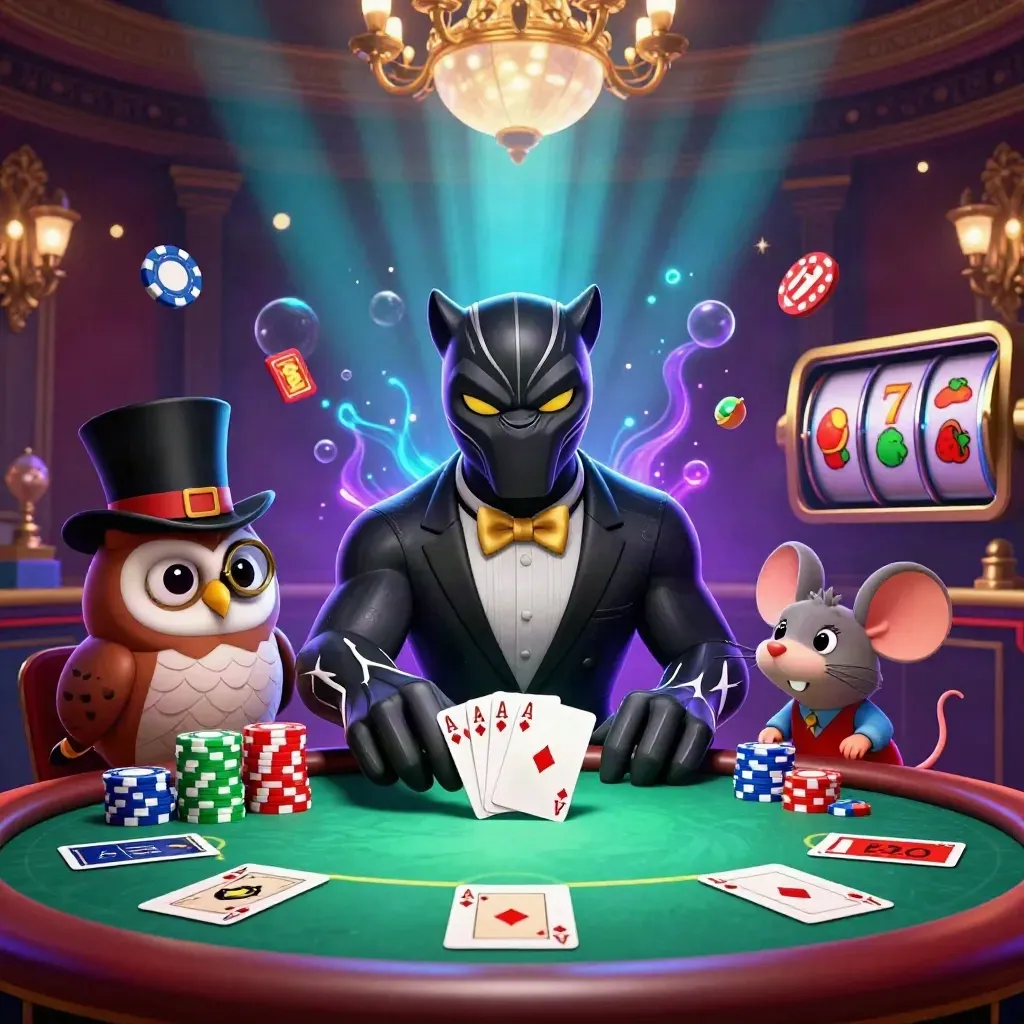 Panther, owl, and mouse at a casino table amid chips, aces, reels, and neon glow.