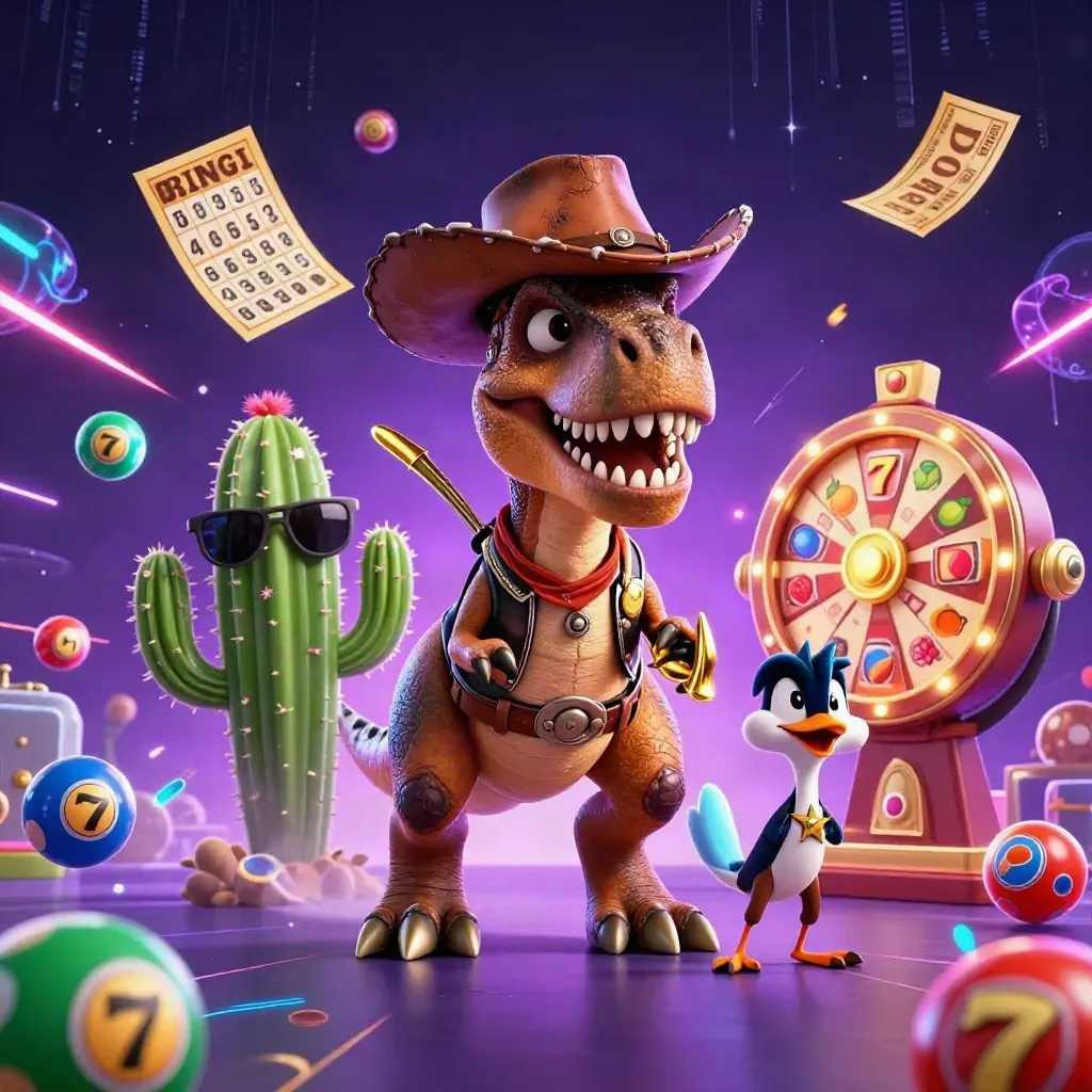 Cartoon cowboy T-Rex, cactus and roadrunner burst through neon casino effects and slot symbols.