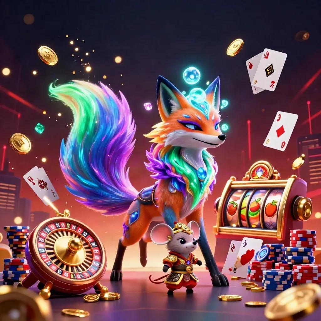 Fox spirit and armored mouse amid casino coins, gems, roulette, chips, and glowing lights.