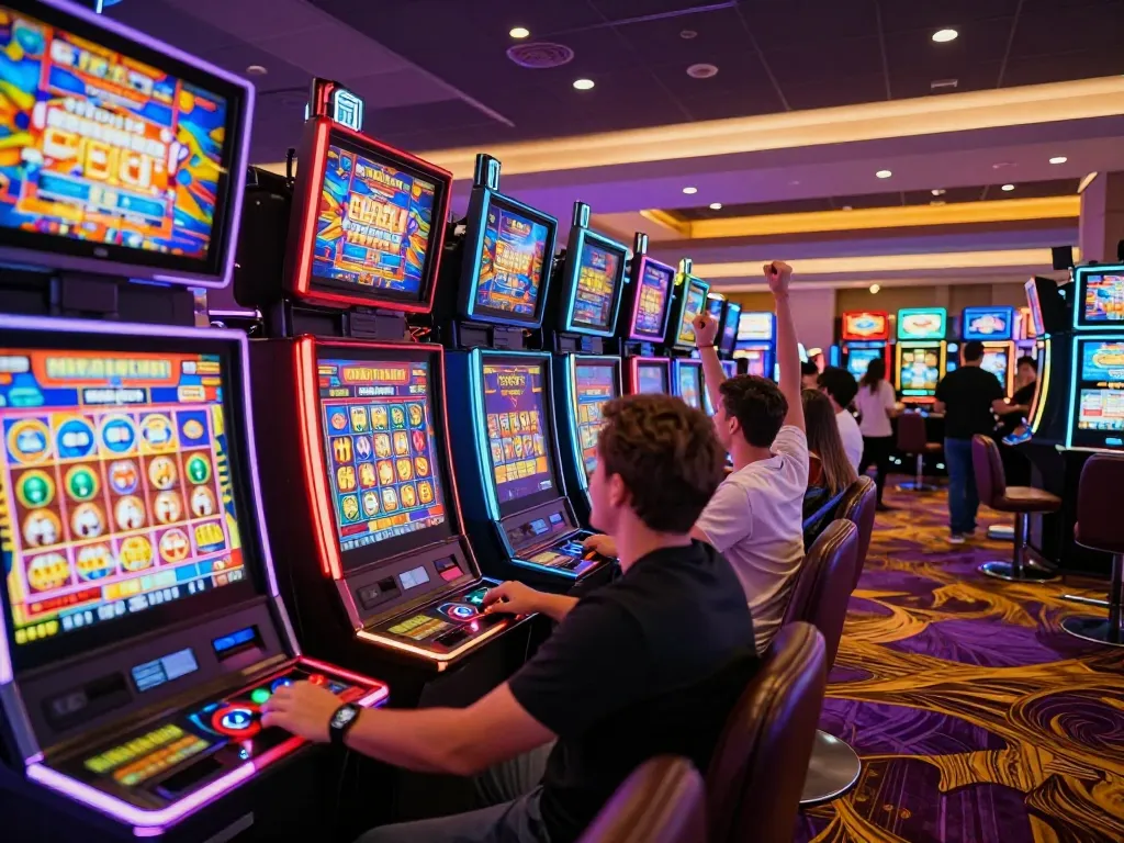 Players enjoying slot gacor machines with vibrant displays in a lively casino atmosphere.