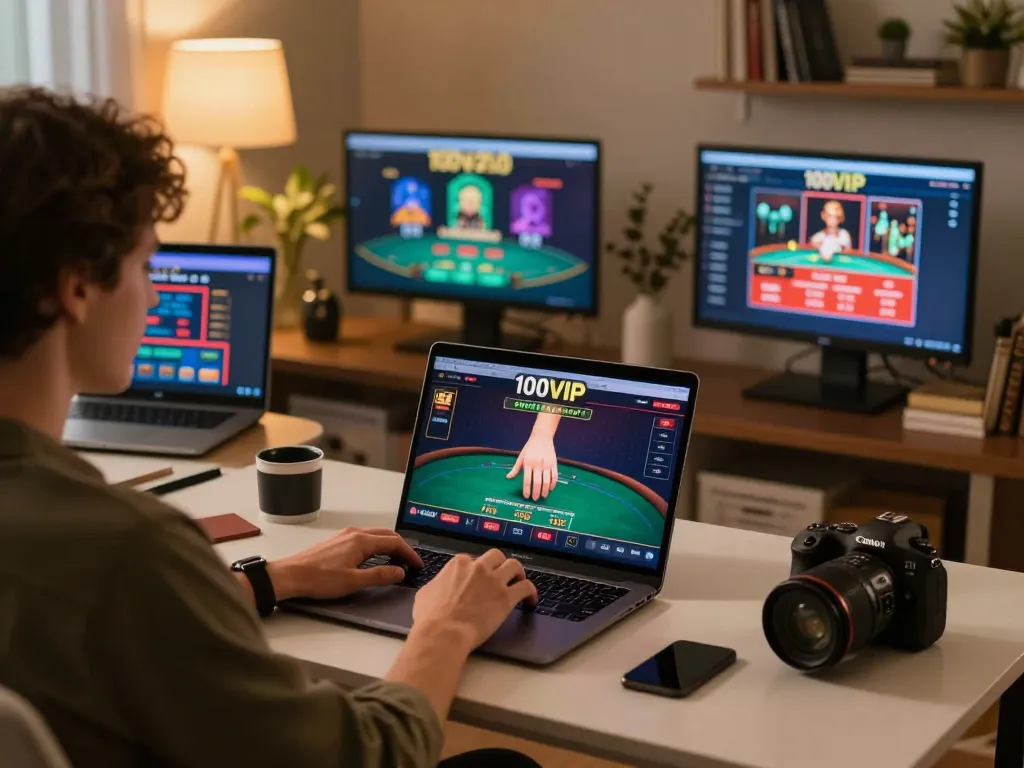 Engaging online casino experience with 100VIP displayed on a laptop screen, highlighting the home gaming setup.