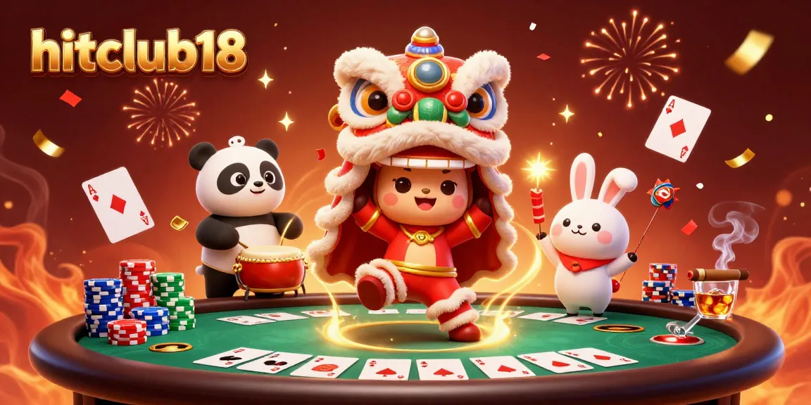 Engage with hitclub18 through a vibrant game scene featuring festive characters around a poker table.