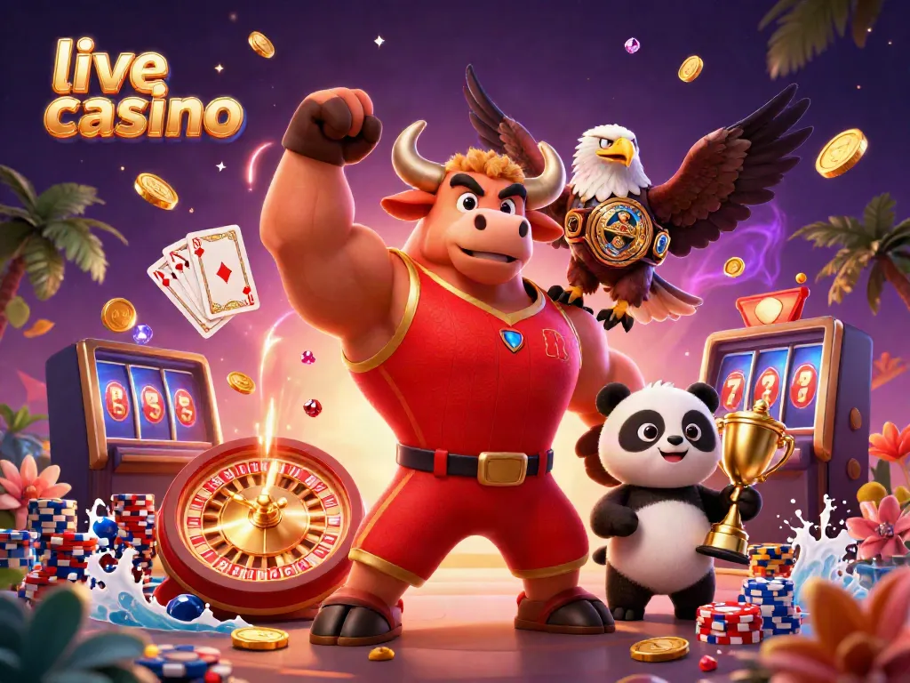 Permainan live casino dengan karakter banteng, elang, dan panda dalam suasana penuh keceriaan.