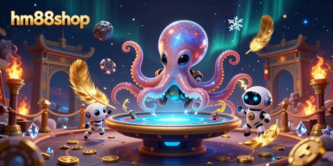Experience thrilling poker action at hm88shop with a lively alien octopus and robot in a vibrant casino arena.