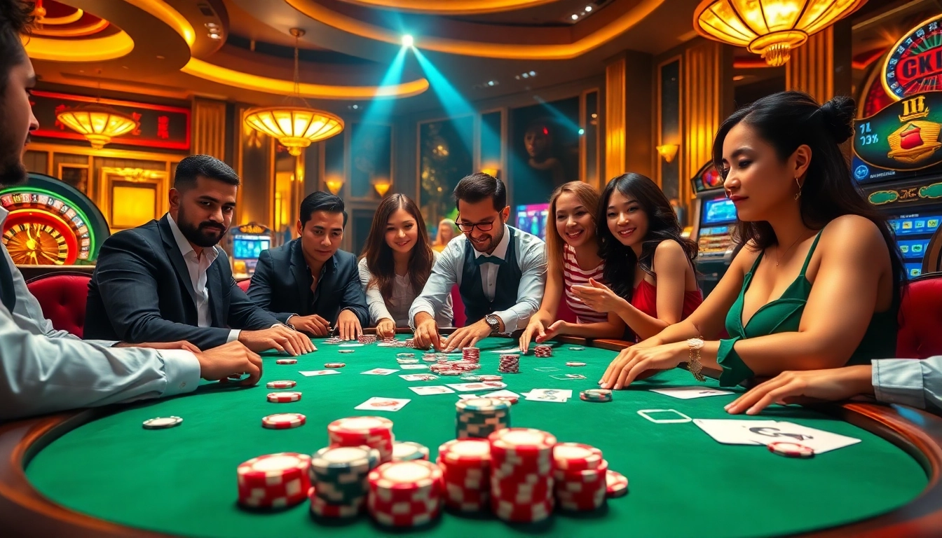 Hit club players strategizing over poker chips at an exciting casino table.
