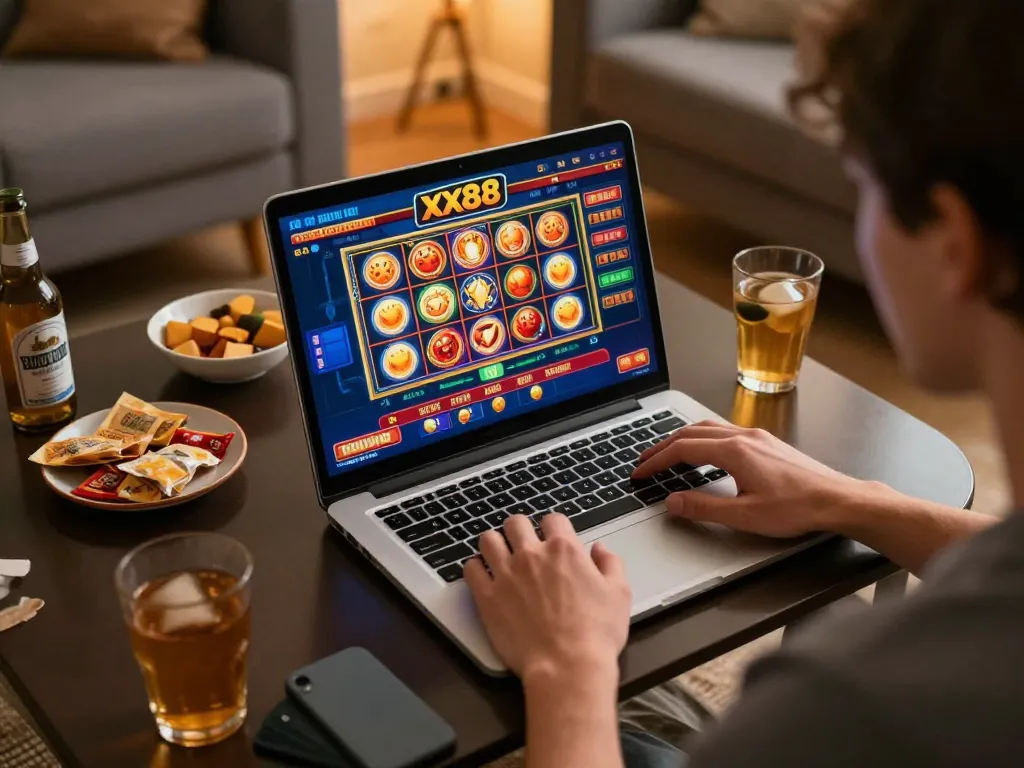 Engaged player exploring xx88 casino interface for online gaming at home