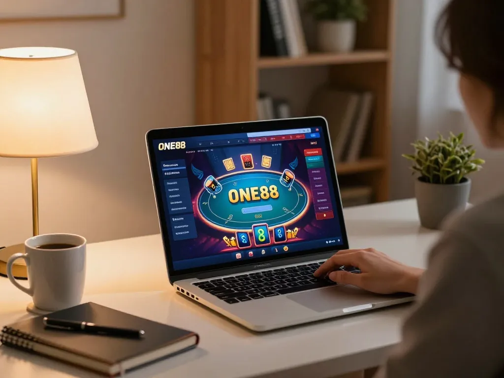 ONE88 online casino gaming experience with a player engaging in poker at home, showcasing strategic gameplay.