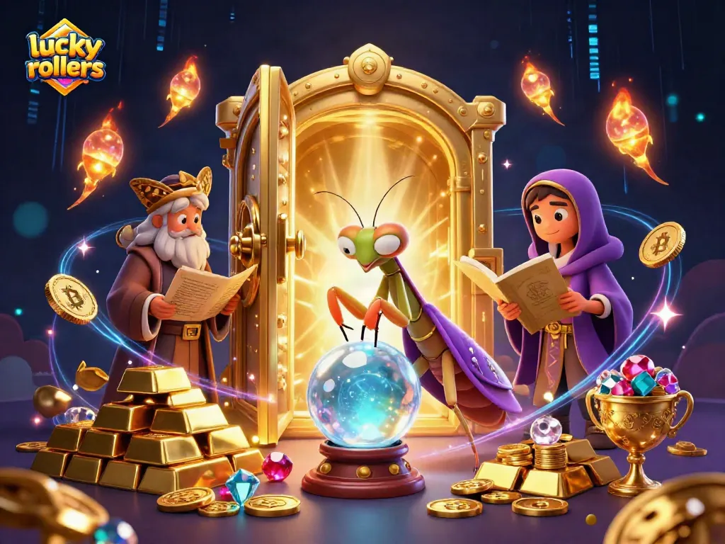 Experience the thrill at lucky rollers with a mystical fortune teller and treasures in a vibrant casino scene.