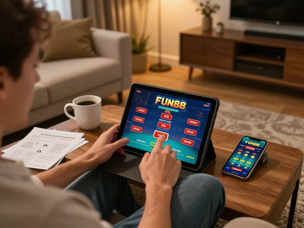 Player using FUN88 tablet for poker strategy while enjoying home comfort.
