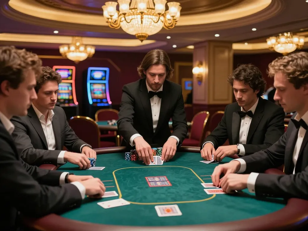 Players engage at a high-stakes poker game in a luxury casino VIP room, exemplifying vu88's exciting atmosphere.