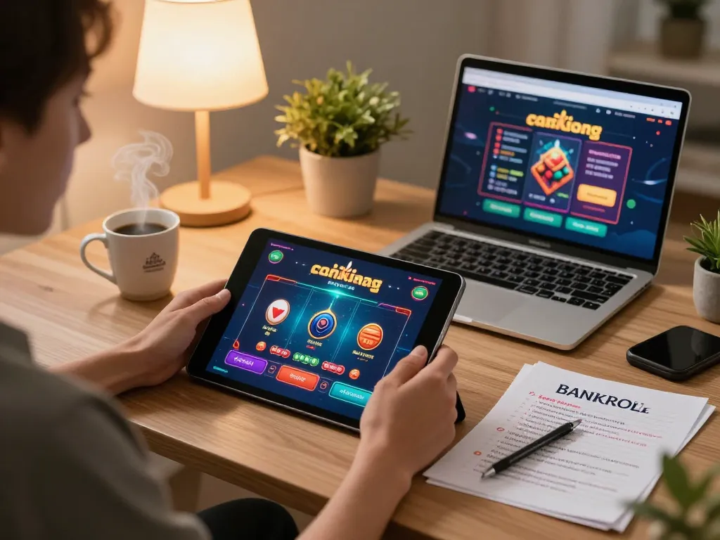 Engaging with online casino games at okking, showcasing a player using a tablet in a cozy setting.