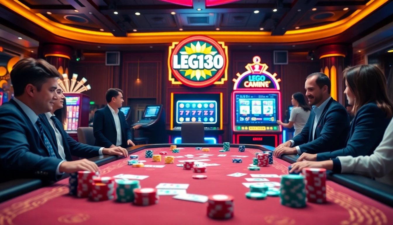 Gamblers enjoying a vibrant atmosphere at LEGO138 casino with poker chips and slot machines.