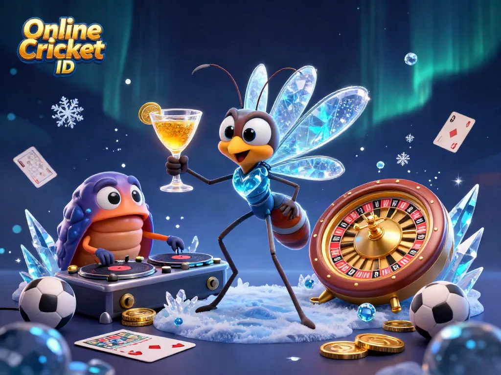 Online Cricket ID featuring a frozen-in-amber mosquito mascot with dynamic casino elements and cricket-related visuals