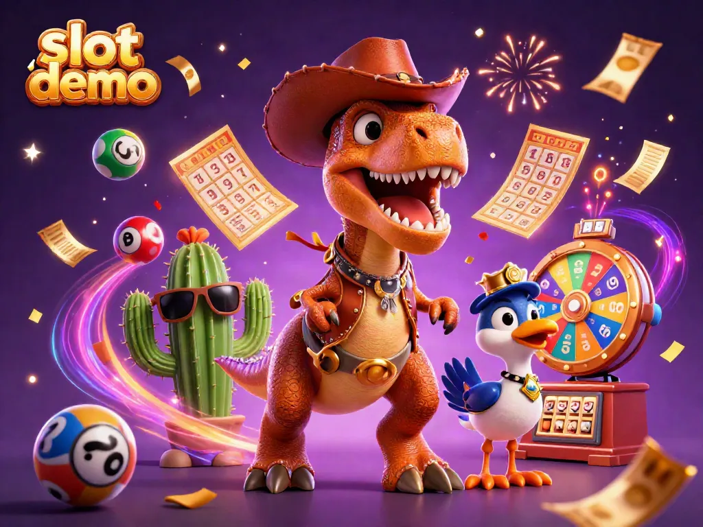 Slot demo dengan cowboy dinosaurus, karakter kaktus, dan burung roadrunner dalam suasana penuh semangat bermain lotere.