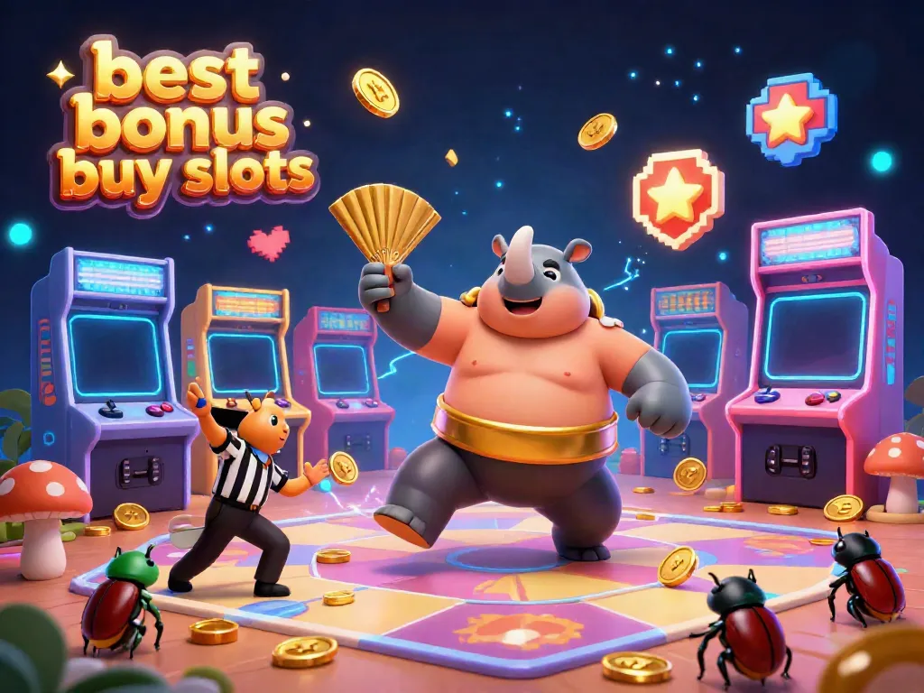 Experience the excitement of best bonus buy slots with our vibrant 3D illustration featuring a Sumo beetle champion.