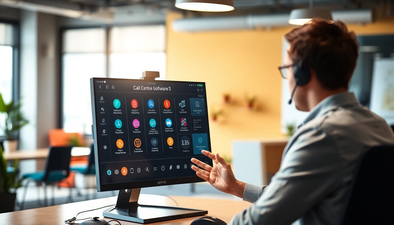 Explore call centre software functionalities through a professional interface in a vibrant office.