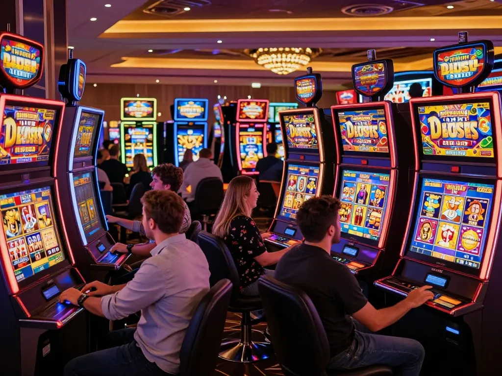 Experience the thrill of Slot Demo action with players engaging at vibrant casino slot machines.