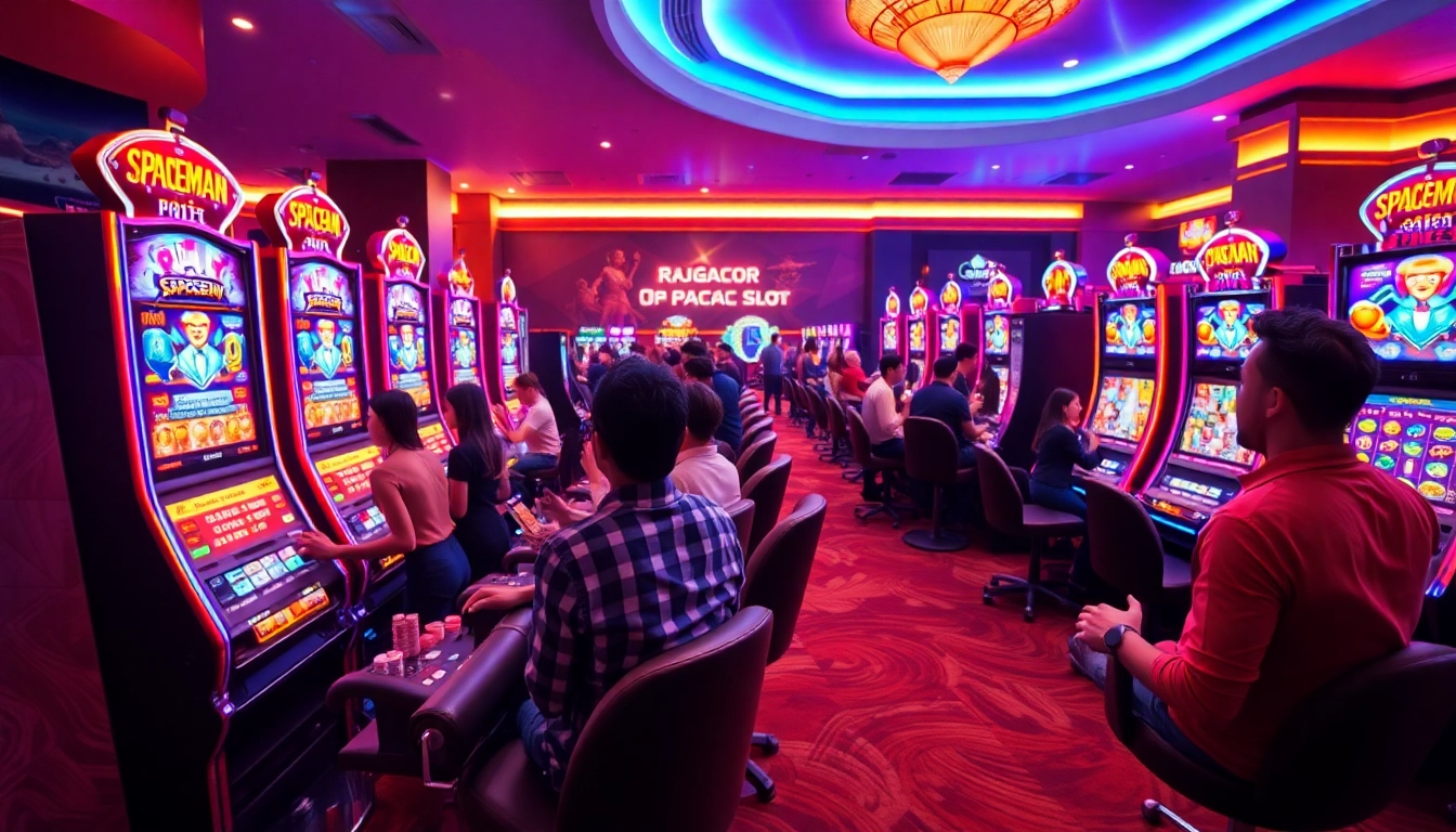 Excited players enjoying the RAJAGACOR Spaceman Slot game in a lively casino lounge.